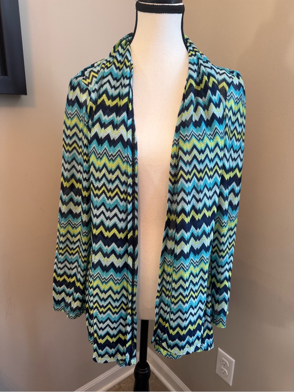 Susan Graver Chevron Open Front Cardigan Blue Green Stretch Knit Sweater Medium